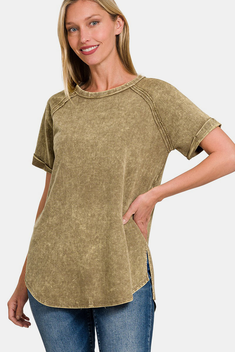 Zenana Heathered Round Neck Short Sleeve Top Zenana Heathered Round Neck Short Sleeve Top - TopFashionHQ