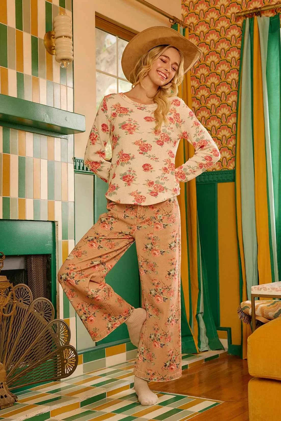 BiBi Floral Print Washed Waffle Thermal Top With Thumb BiBi Floral Print Washed Waffle Thermal Top With Thumb