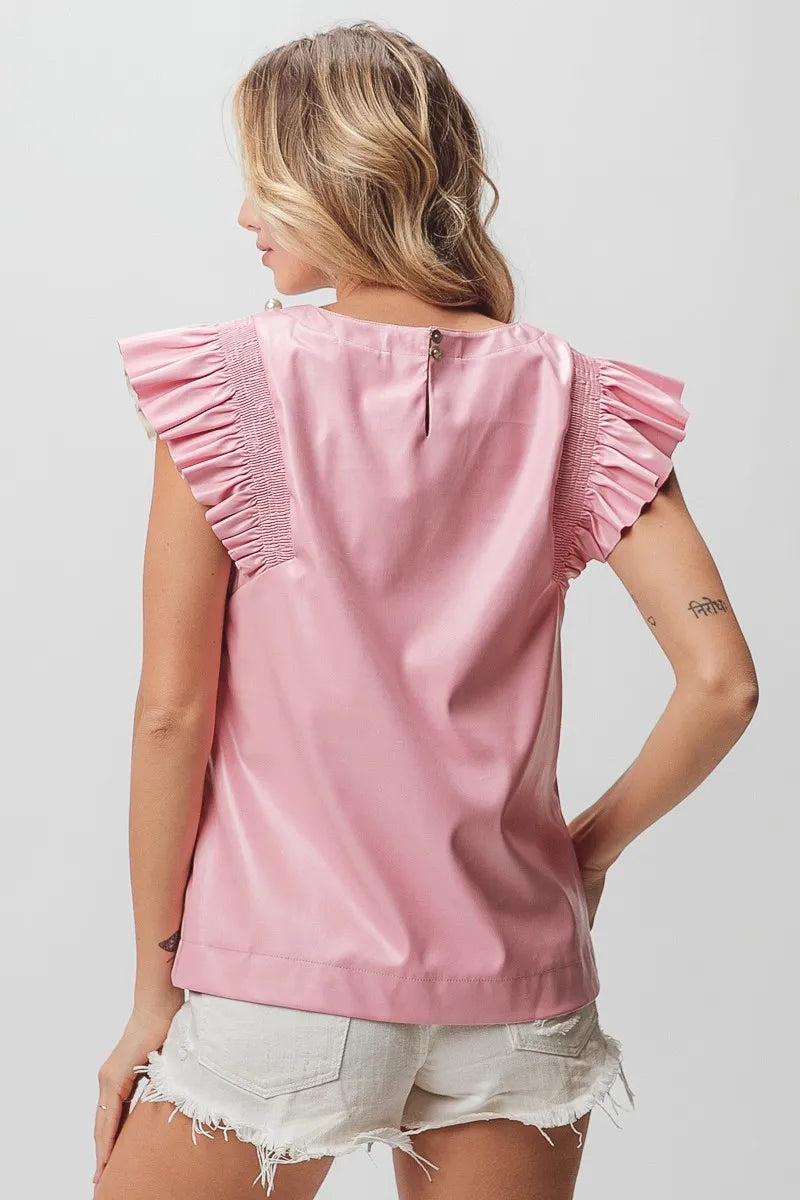 BiBi Leather Smocked Ruffled Top 38f2c2950f5b483aaeced60e059b2afb-Max-Origin