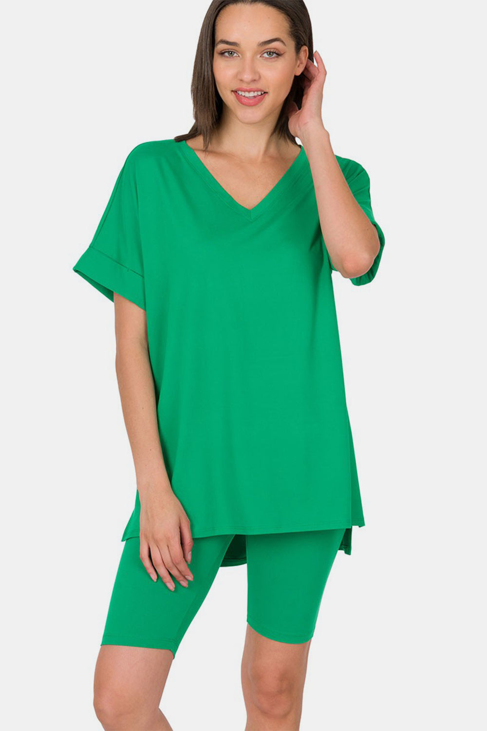 Zenana V-Neck Short Sleeve T-Shirt and Biker Shorts Set Zenana V-Neck Short Sleeve T-Shirt and Biker Shorts Set - TopFashionHQ