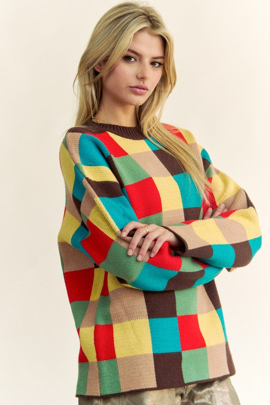 Davi & Dani Color Block Checkered Dropped Shoulder Sweater Davi & Dani Color Block Checkered Dropped Shoulder Sweater