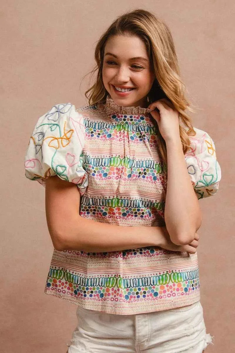 BiBi Ruffle Neckline Blouse With Embroidery Bubble Sleeve BiBi Ruffle Neckline Blouse With Embroidery Bubble Sleeve