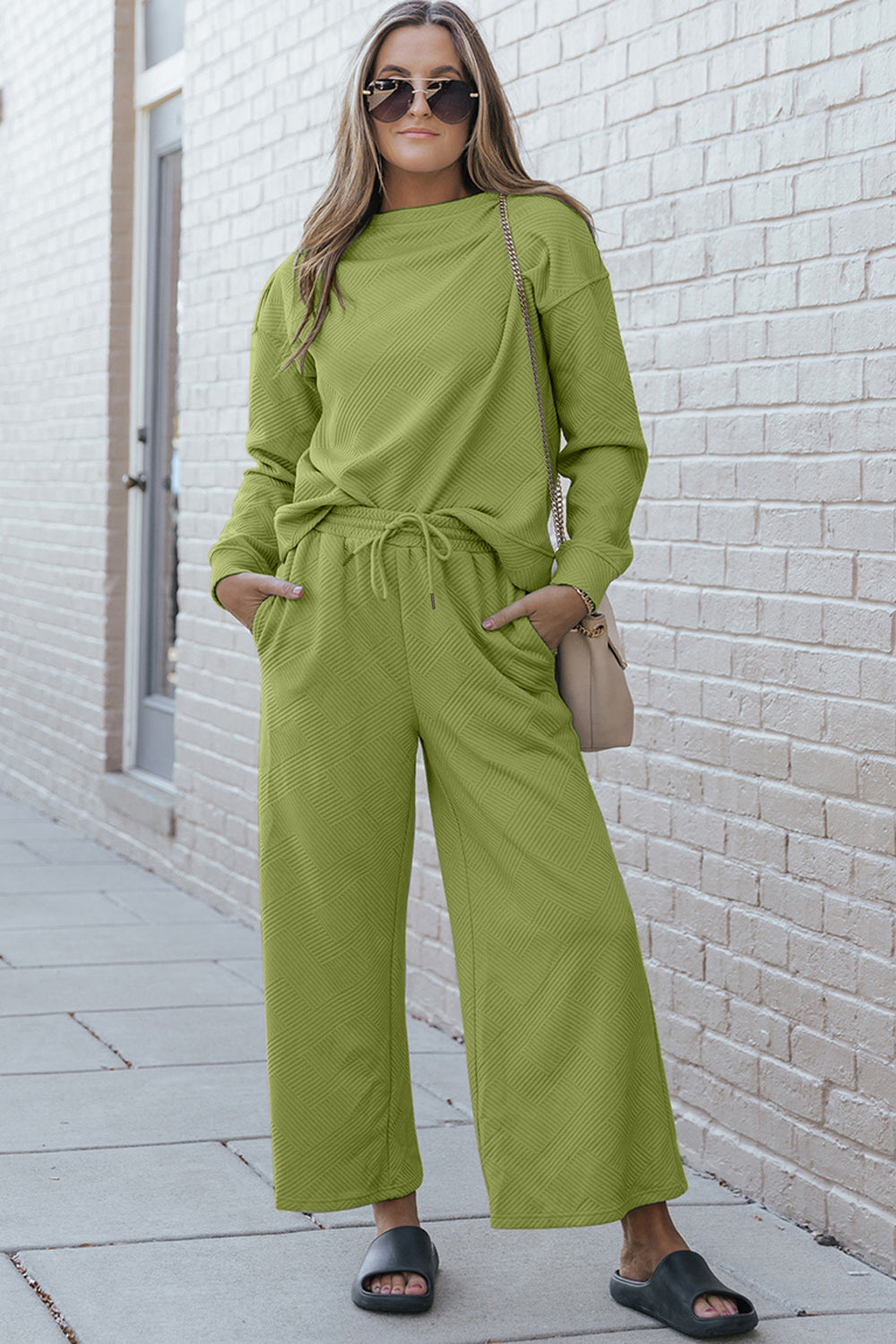 Double Take Full Size Textured Long Sleeve Top and Drawstring Pants Set Double Take Full Size Textured Long Sleeve Top and Drawstring Pants Set - TopFashionHQ