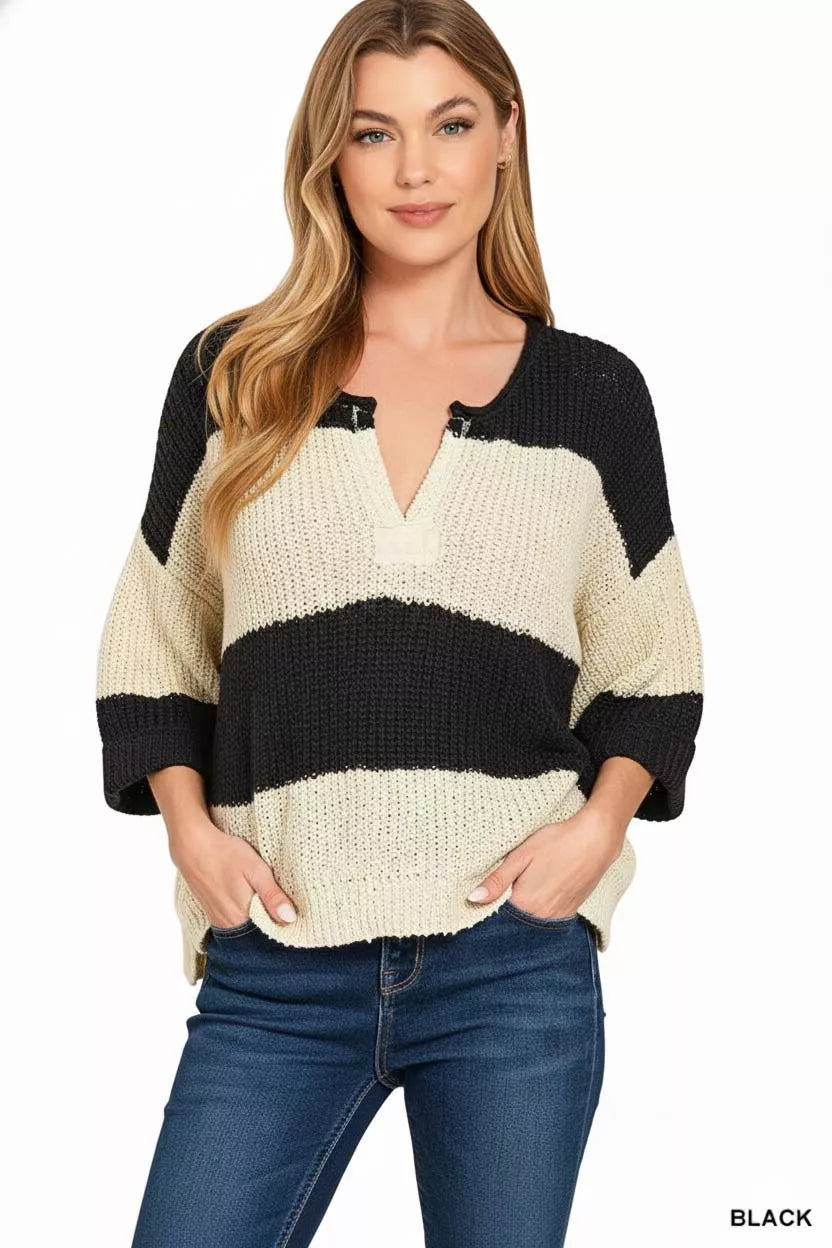 Zenana Split Neck Stripe Sweater 39e714e2-40a4-4974-98e1-e0f2d4b2044e-Max-Origin