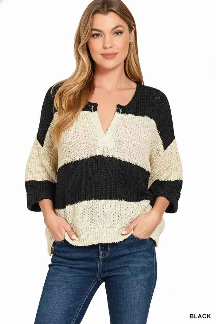 Zenana Split Neck Stripe Sweater Zenana Split Neck Stripe Sweater