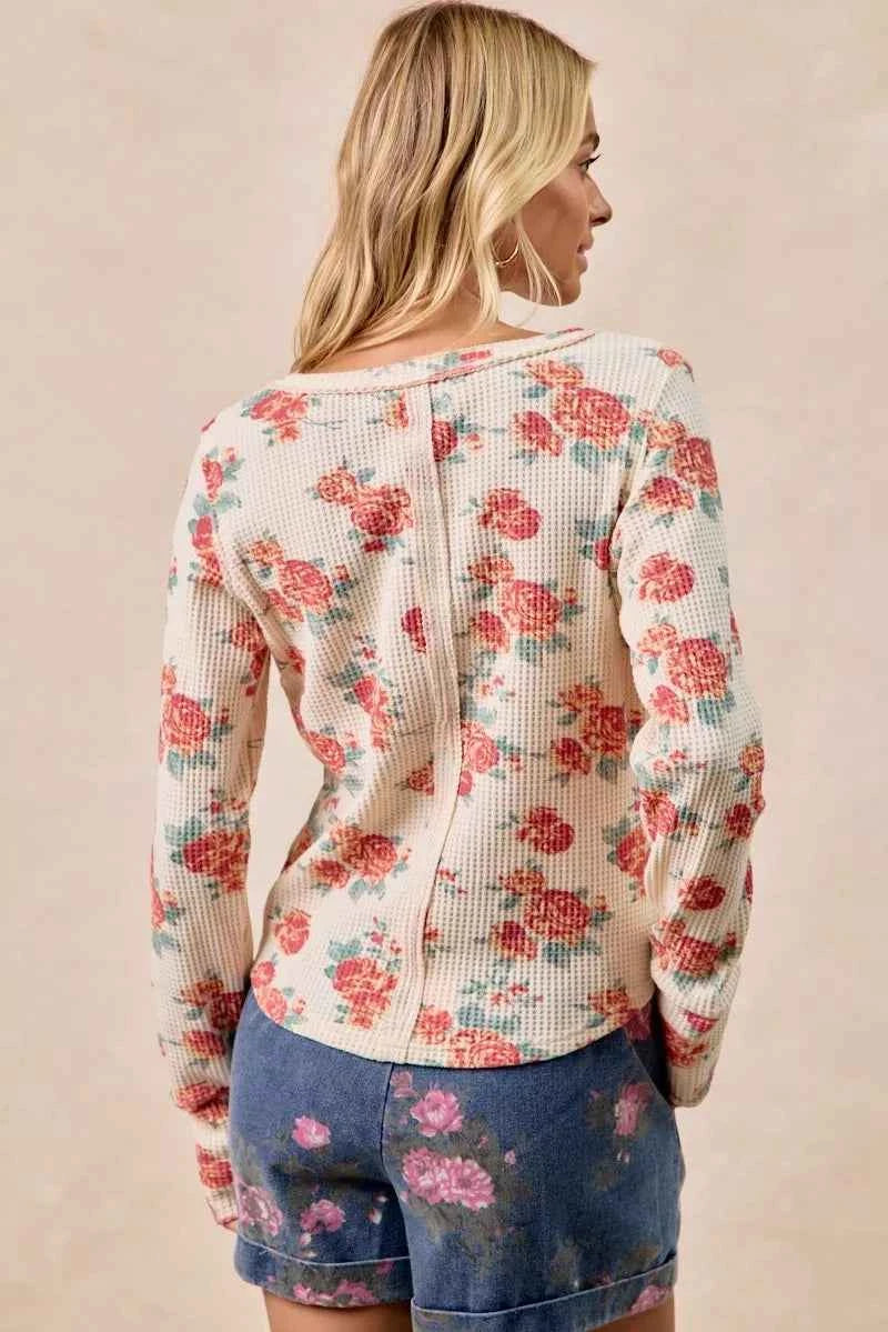 BiBi Floral Print Washed Waffle Thermal Top With Thumb BiBi Floral Print Washed Waffle Thermal Top With Thumb