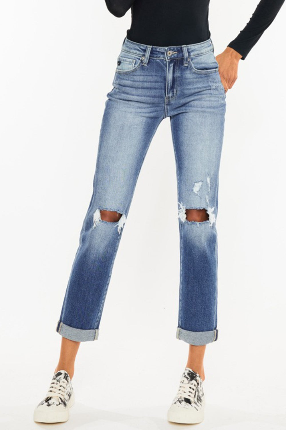 Kancan High Waist Distressed Hem Detail Cropped Straight Jeans Kancan High Waist Distressed Hem Detail Cropped Straight Jeans - TopFashionHQ
