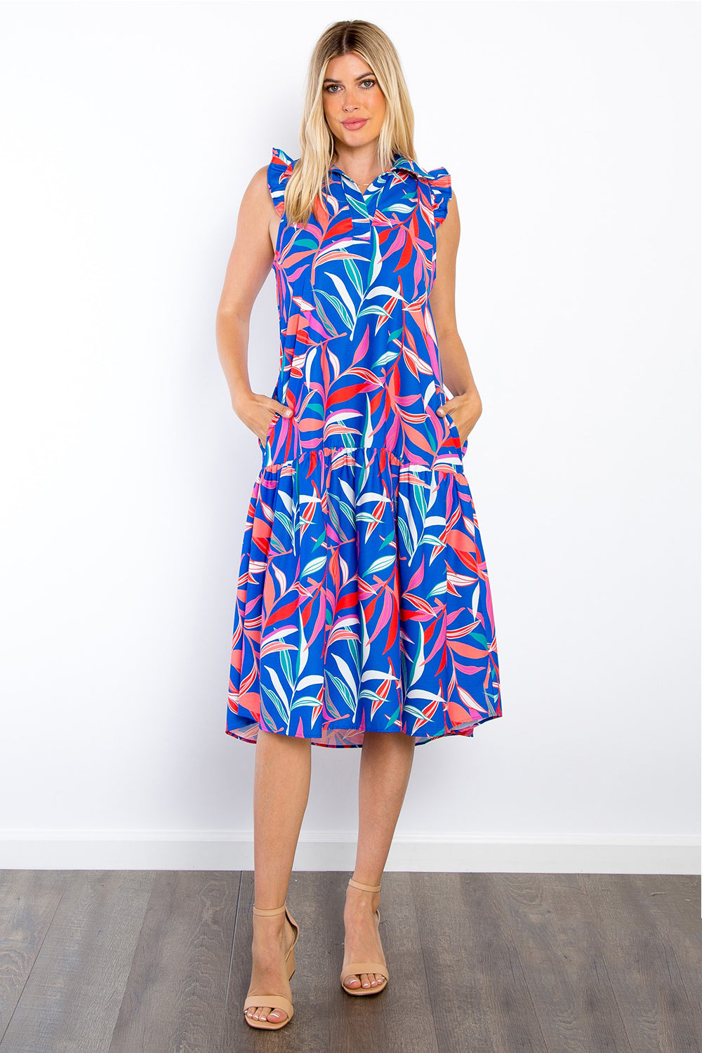 Be Stage Print Ruffled Midi Dress with Pockets Be Stage Print Ruffled Midi Dress with Pockets - TopFashionHQ