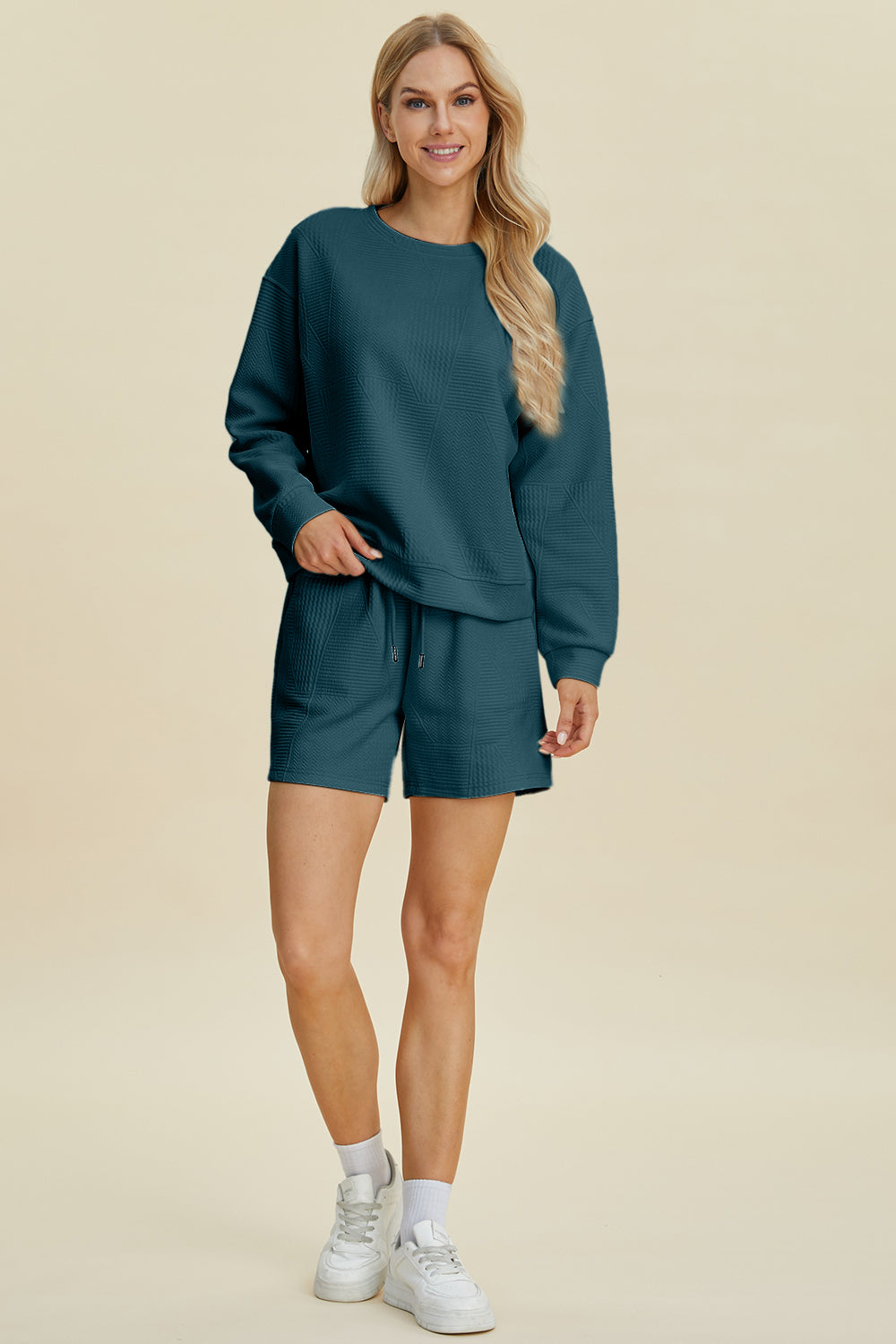 Double Take Full Size Texture Round Neck Long Sleeve Top and Shorts Set Double Take Full Size Texture Round Neck Long Sleeve Top and Shorts Set
