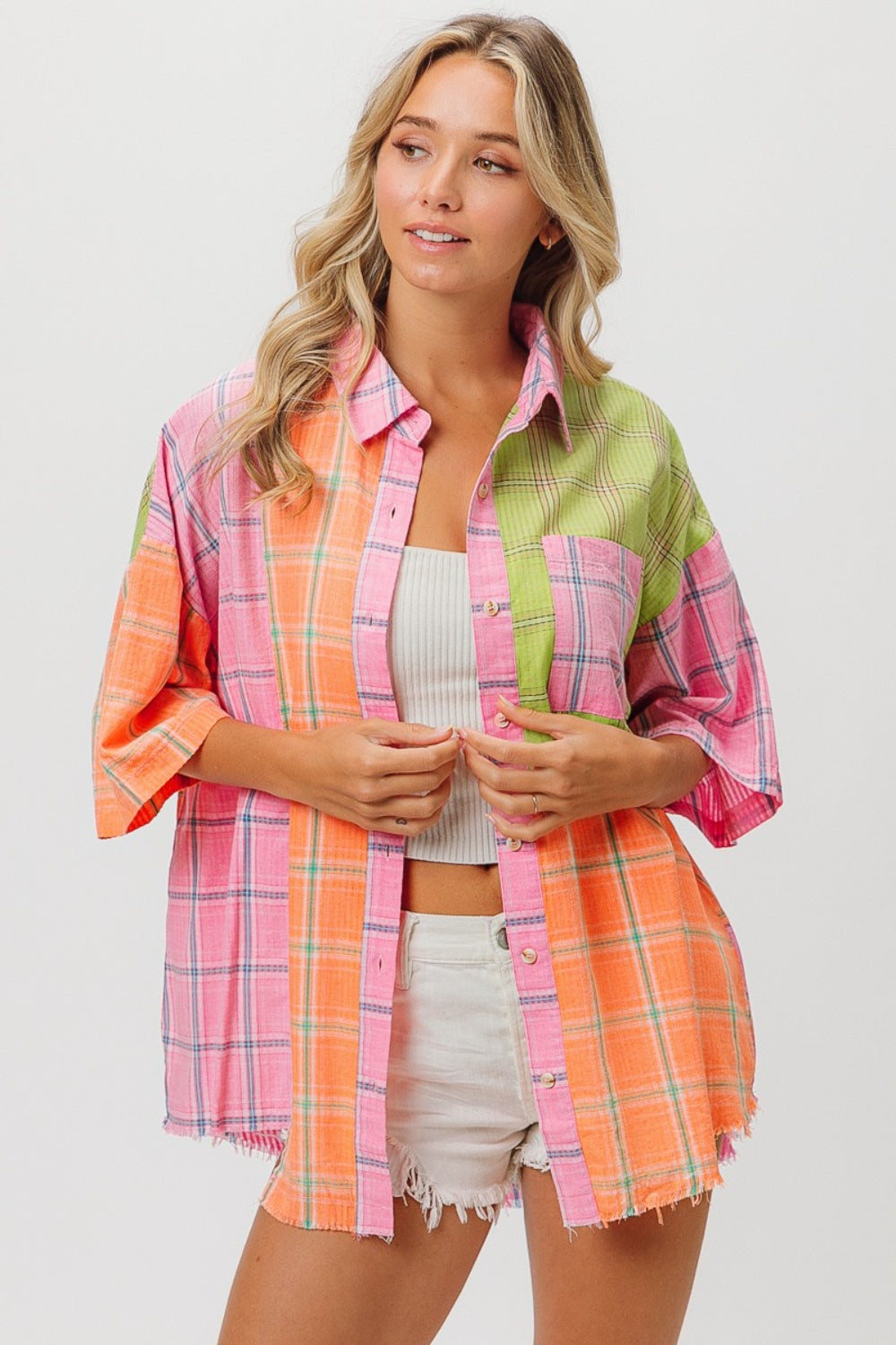 BiBi Plaid Collared Neck Half Sleeve Shirt BiBi Plaid Collared Neck Half Sleeve Shirt - TopFashionHQ