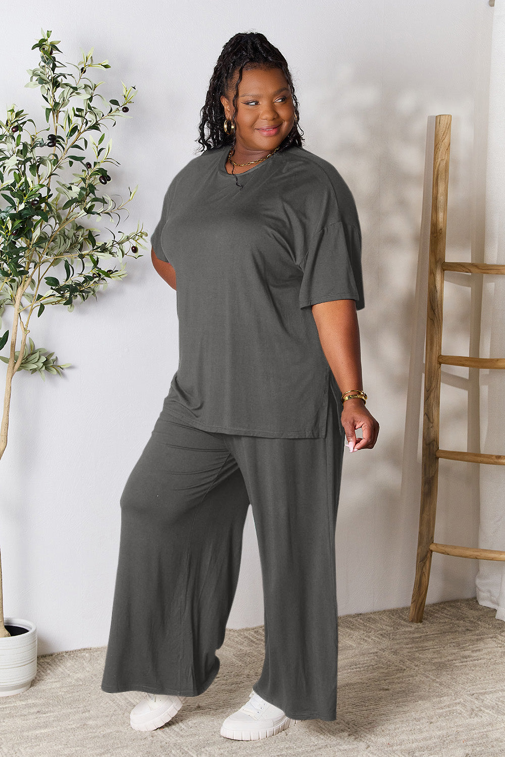 Double Take Full Size Round Neck Slit Top and Pants Set Double Take Full Size Round Neck Slit Top and Pants Set - TopFashionHQ