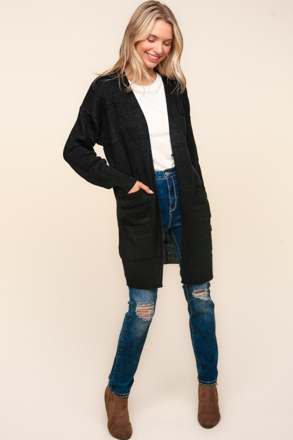 Haptics Stripe Textured Open Front Cardigan with Pockets Haptics Stripe Textured Open Front Cardigan with Pockets