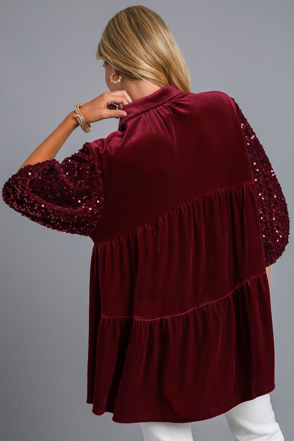 Umgee Sequin Detail Tiered Back Half Sleeve Shirt Umgee Sequin Detail Tiered Back Half Sleeve Shirt - TopFashionHQ