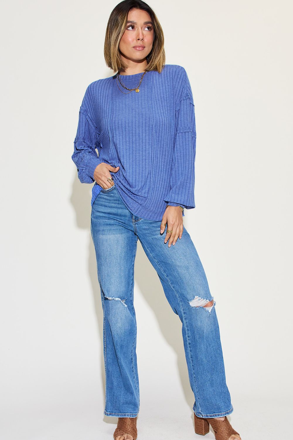Basic Bae Full Size Ribbed Round Neck Long Sleeve T-Shirt Basic Bae Full Size Ribbed Round Neck Long Sleeve T-Shirt - TopFashionHQ