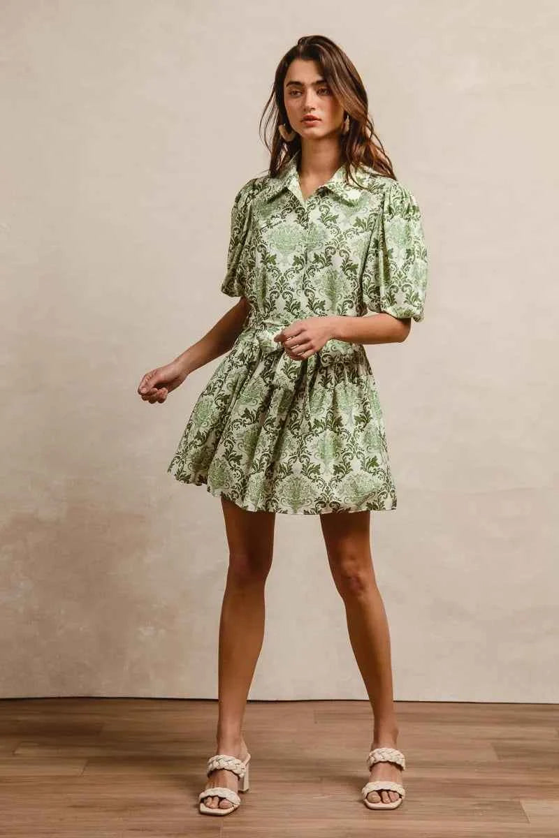BiBi Tied Floral Short Sleeve Mini Shirt Dress BiBi Tied Floral Short Sleeve Mini Shirt Dress