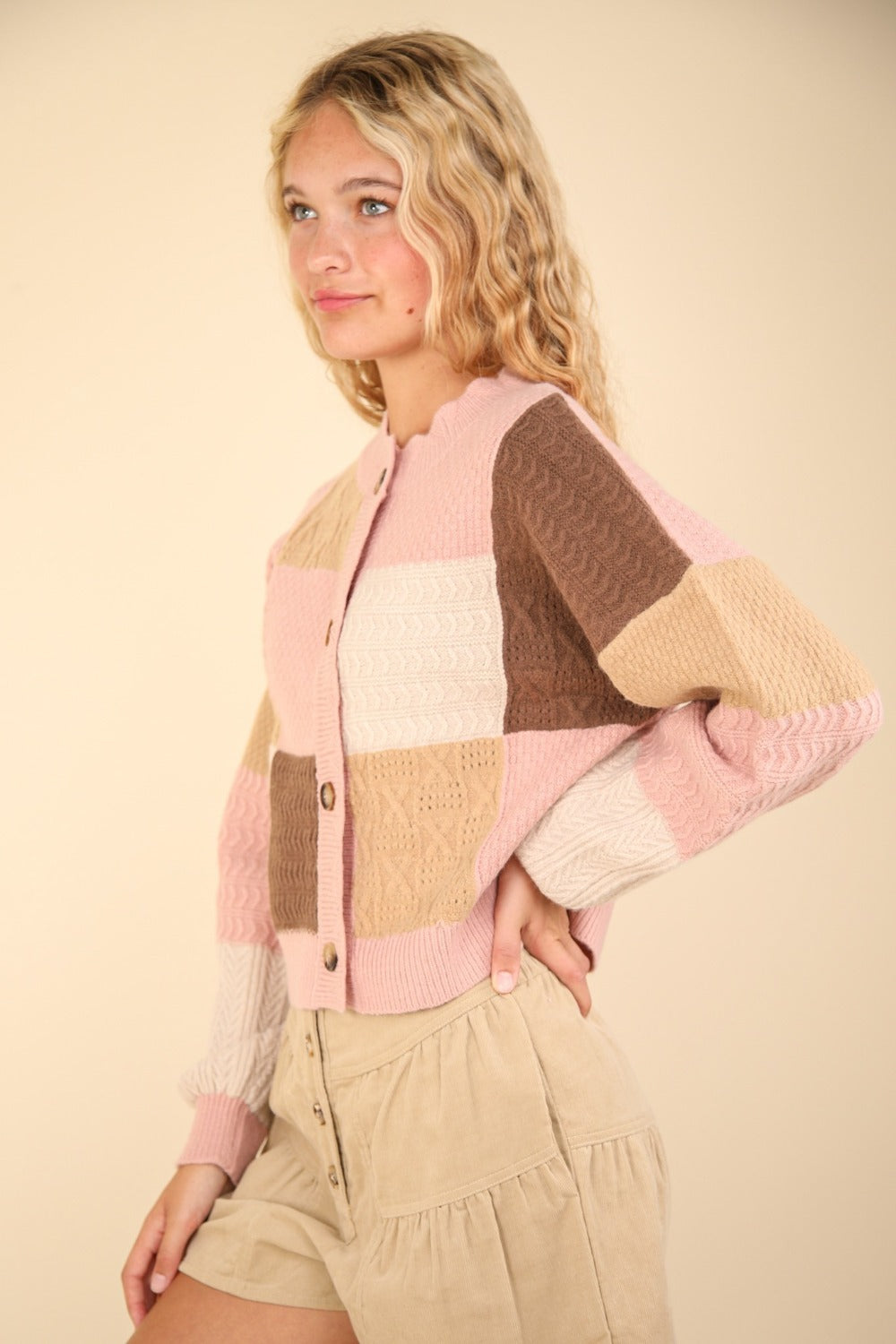VERY J Color Block Button Down Textured Sweater Cardigan VERY J Color Block Button Down Textured Sweater Cardigan
