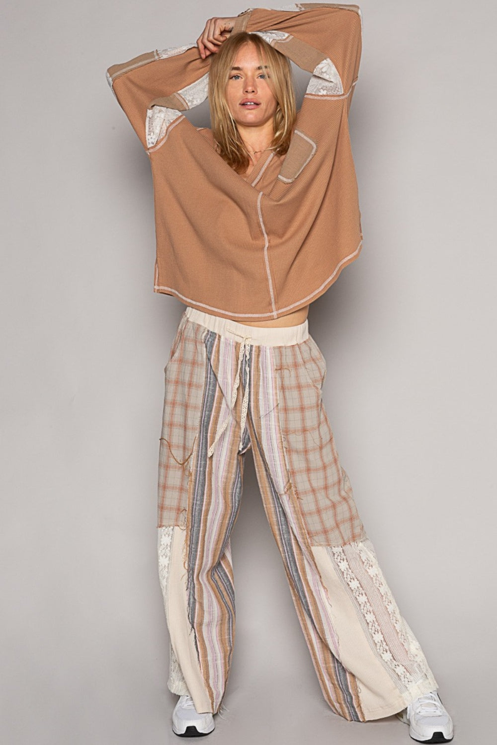 POL V-Neck Lace Balloon Sleeve Exposed Seam Top POL V-Neck Lace Balloon Sleeve Exposed Seam Top - TopFashionHQ