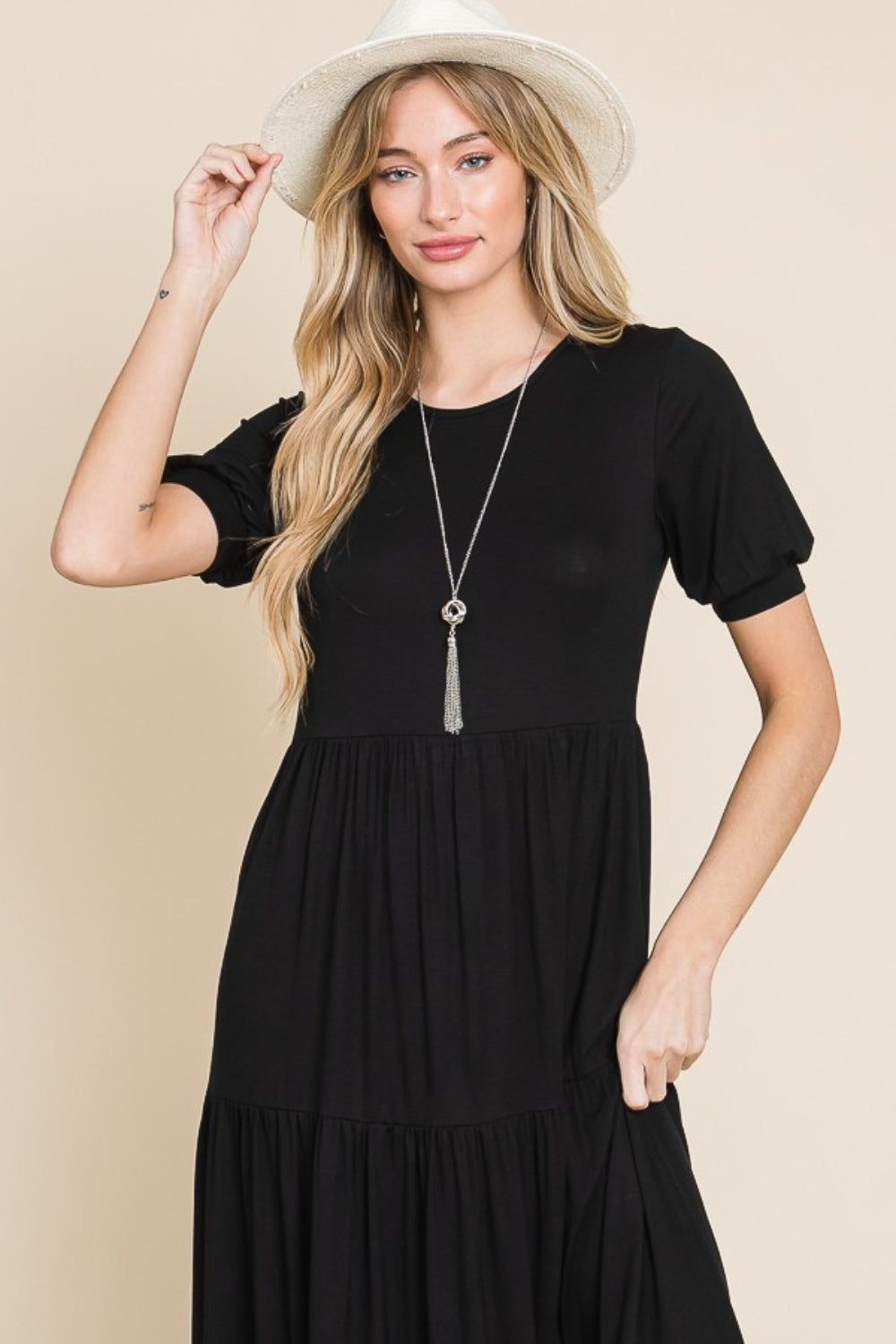 BOMBOM Short Sleeve Tiered Maxi Dress BOMBOM Short Sleeve Tiered Maxi Dress - TopFashionHQ