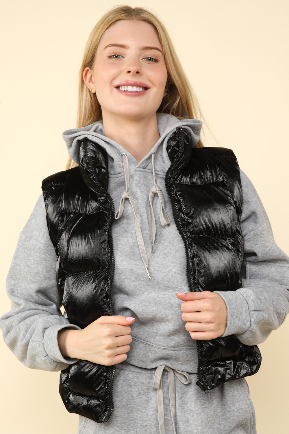 VERY J Shiny Metallic Zip Up Puffer Vest VERY J Shiny Metallic Zip Up Puffer Vest - TopFashionHQ