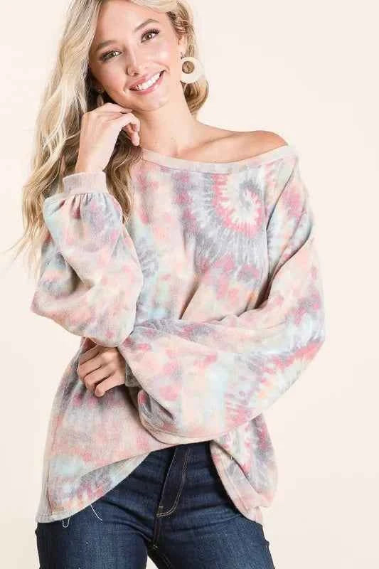 BiBi Brushed Tie Dye Print Top with Puff Sleeves BiBi Brushed Tie Dye Print Top with Puff Sleeves