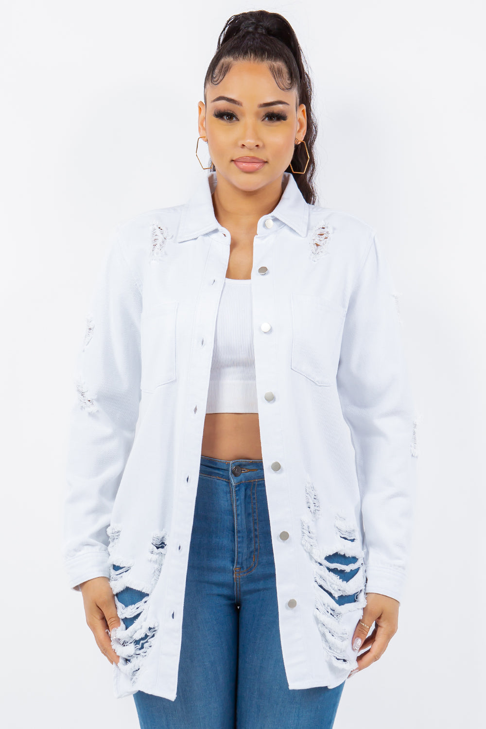 American Bazi Distressed Button Up Long Sleeve Denim Jacket American Bazi Distressed Button Up Long Sleeve Denim Jacket