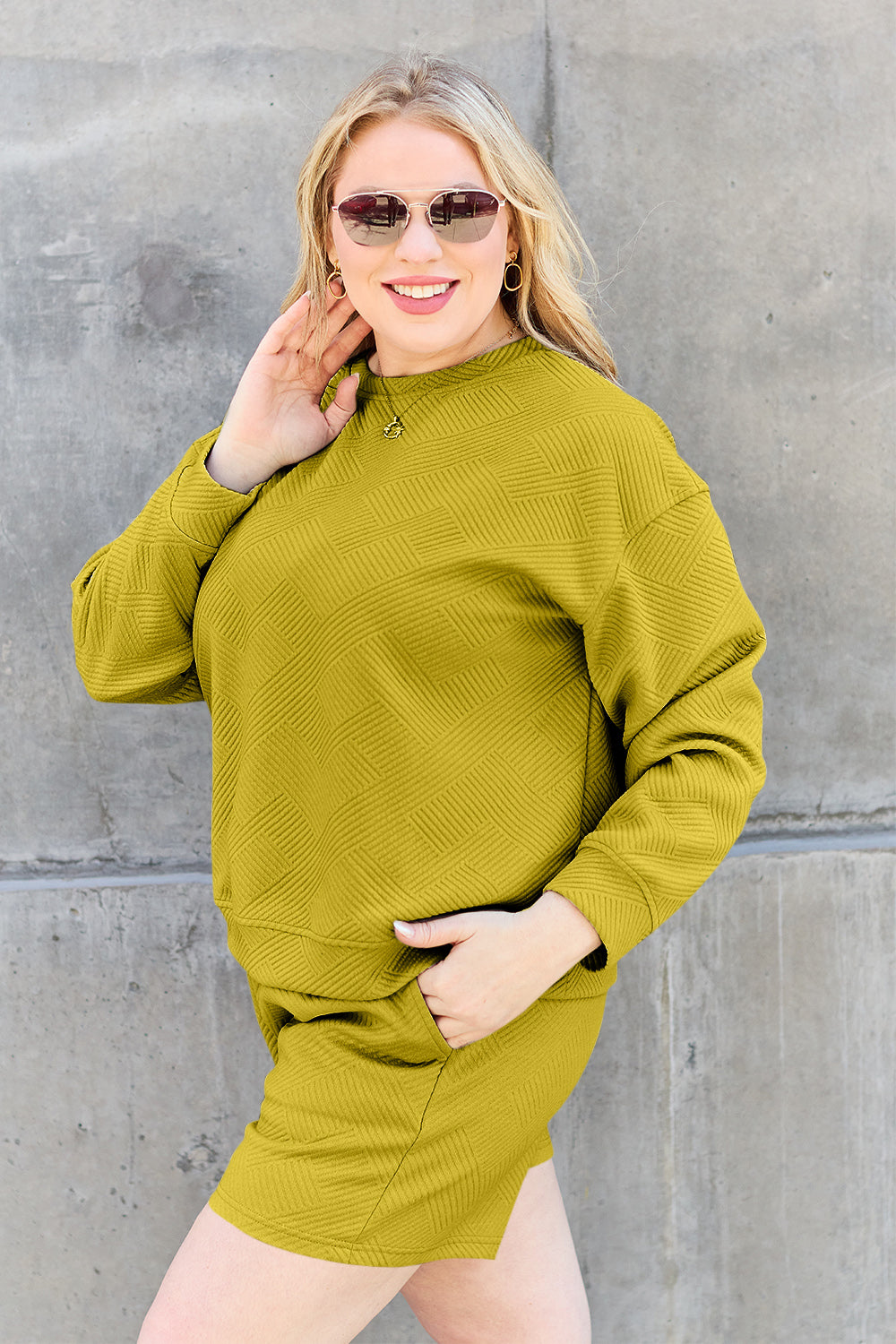 Double Take Full Size Texture Long Sleeve Top and Drawstring Shorts Set Double Take Full Size Texture Long Sleeve Top and Drawstring Shorts Set - TopFashionHQ