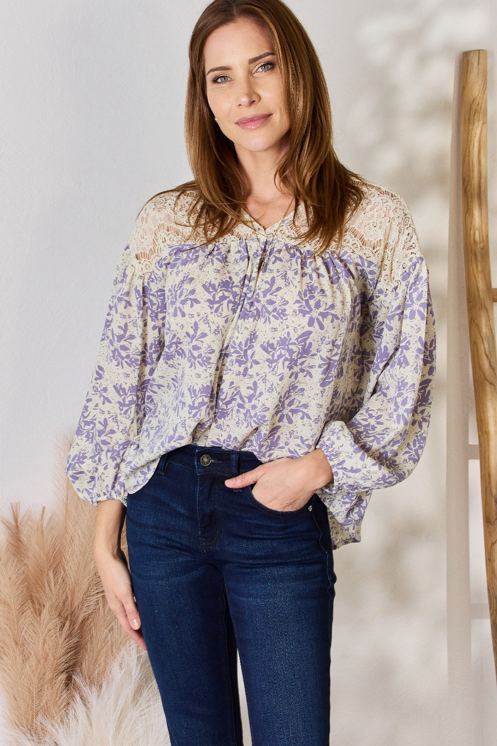 Hailey & Co Full Size Lace Detail Printed Blouse Hailey & Co Full Size Lace Detail Printed Blouse - TopFashionHQ