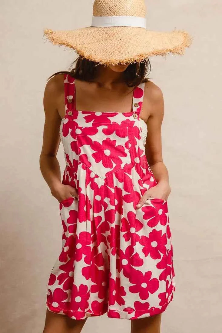 BiBi Floral Prints Tuck Detail Short Overall With Pockets BiBi Floral Prints Tuck Detail Short Overall With Pockets