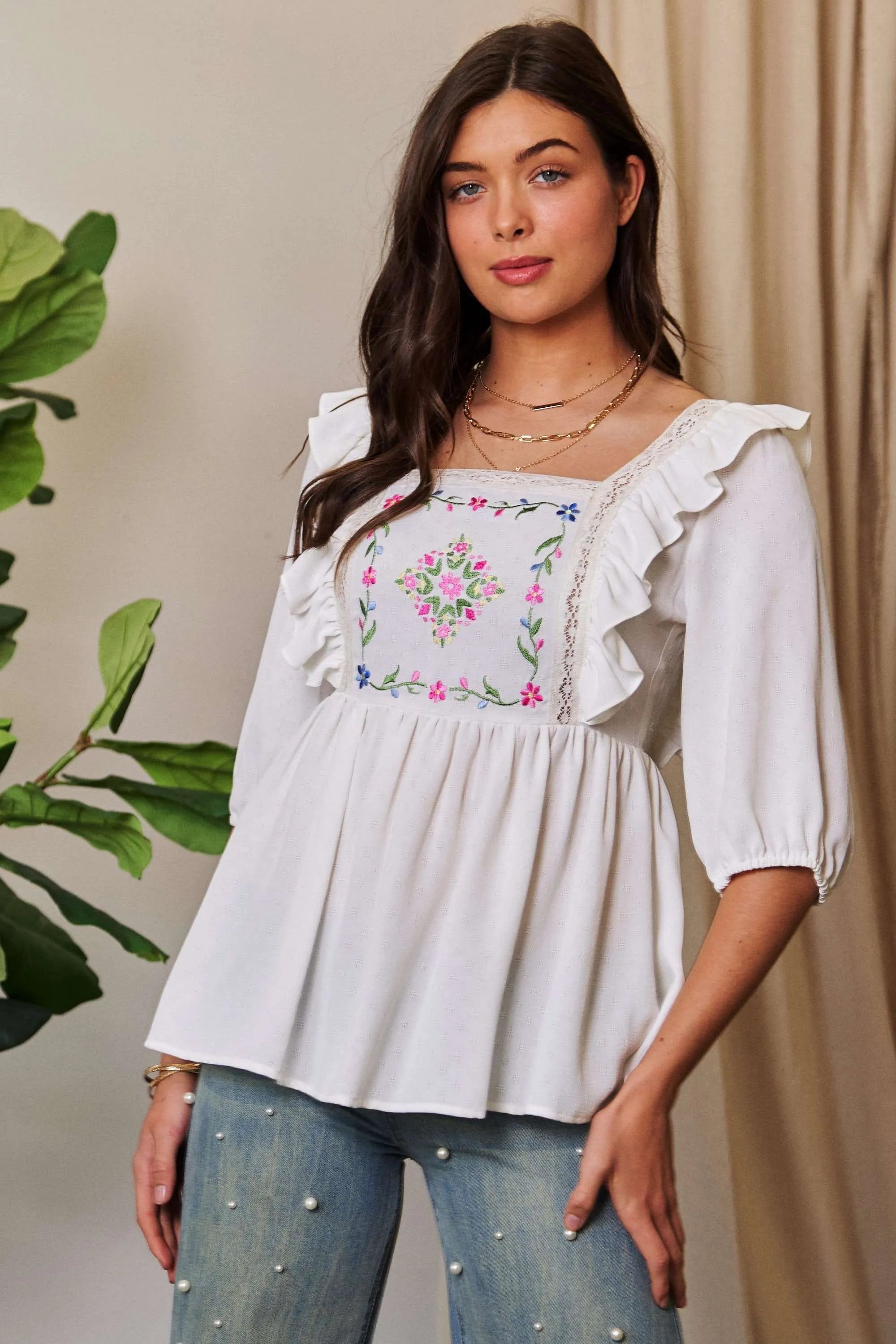Davi & Dani Texture Tie Back Floral Embroidery Frill Blouse 3bf65f892045492593c5fc4f4c17465e-Max-Origin
