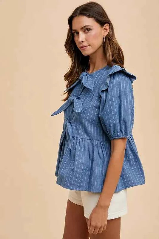 Annie Wear Stripe Front Bow Denim Peplum Blouse Annie Wear Stripe Front Bow Denim Peplum Blouse