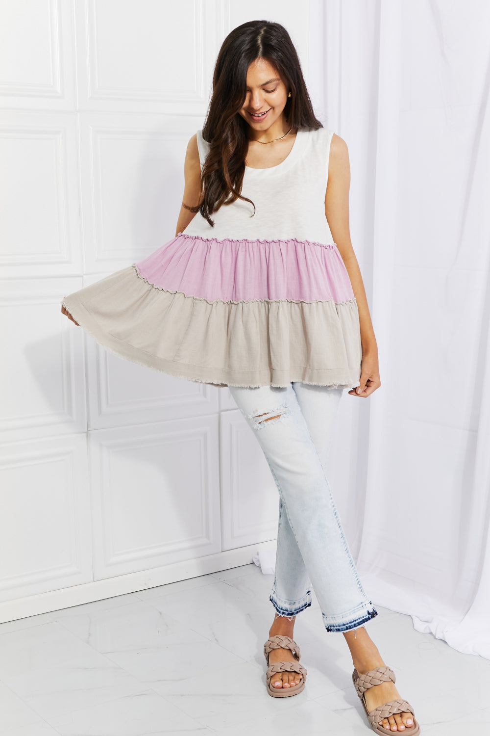 White Birch Full Size Watching the Sunset Color Block Babydoll Top White Birch Full Size Watching the Sunset Color Block Babydoll Top - TopFashionHQ