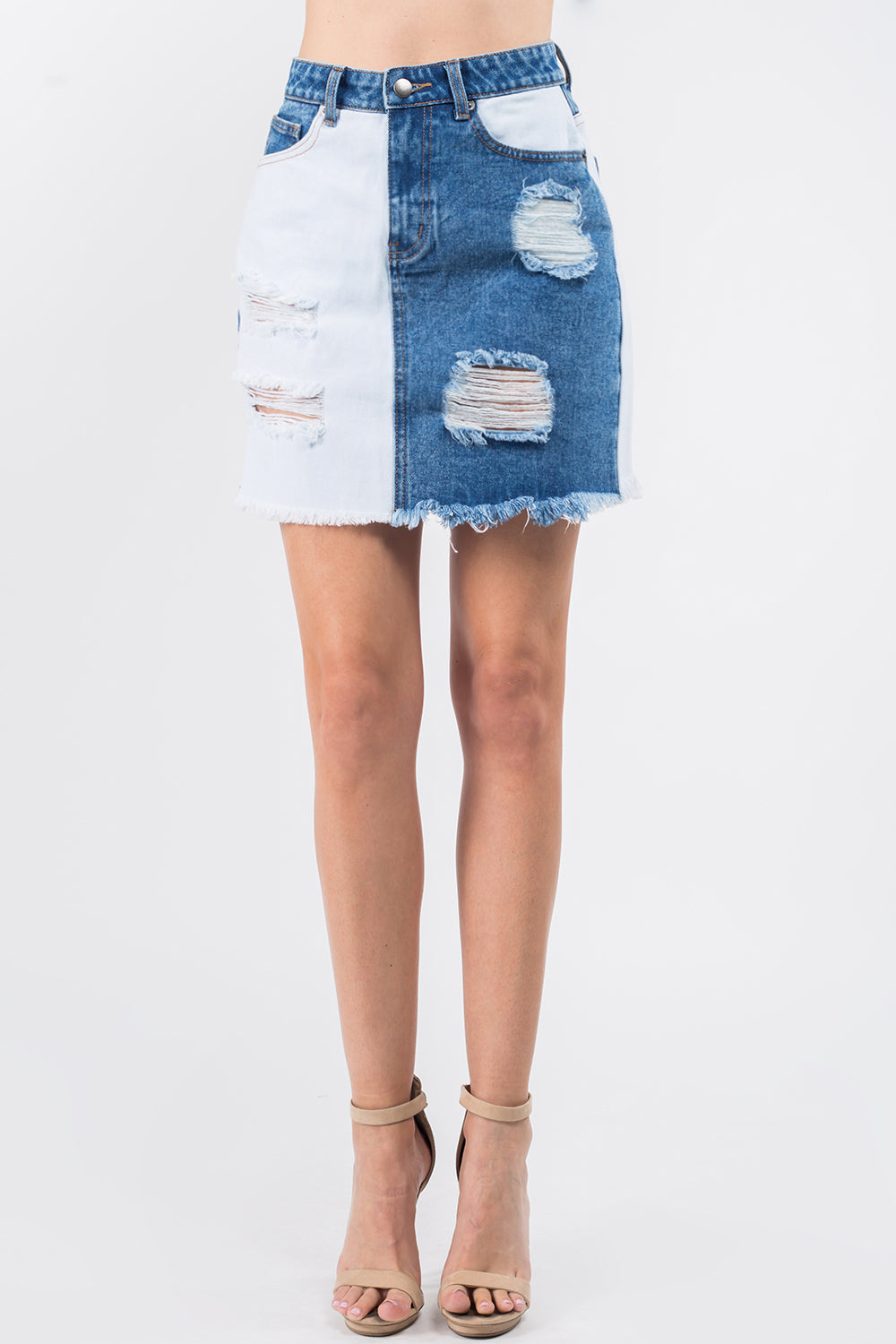 American Bazi Contrast Patched Frayed Denim Distressed Skirts American Bazi Contrast Patched Frayed Denim Distressed Skirts - TopFashionHQ