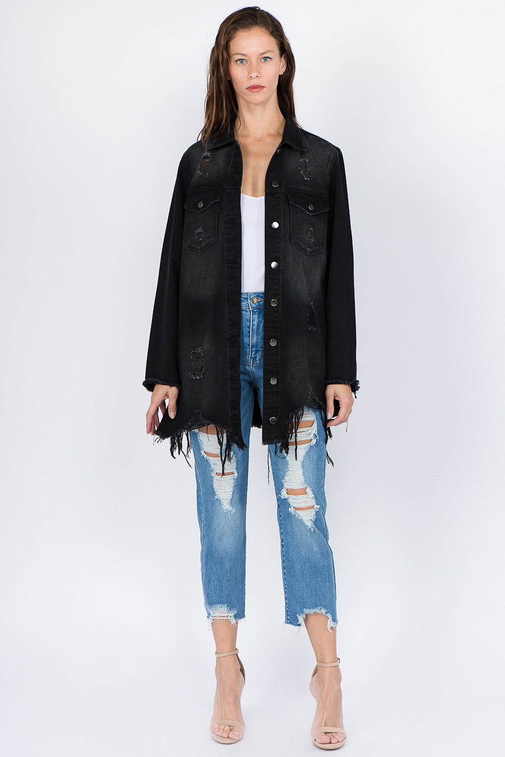 American Bazi Distressed Frayed Hem Denim Jacket American Bazi Distressed Frayed Hem Denim Jacket