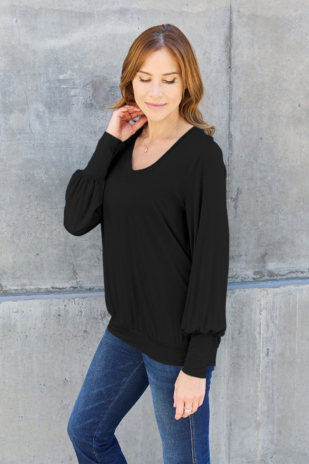 Basic Bae Full Size V-Neck Lantern Sleeve Blouse Basic Bae Full Size V-Neck Lantern Sleeve Blouse - TopFashionHQ