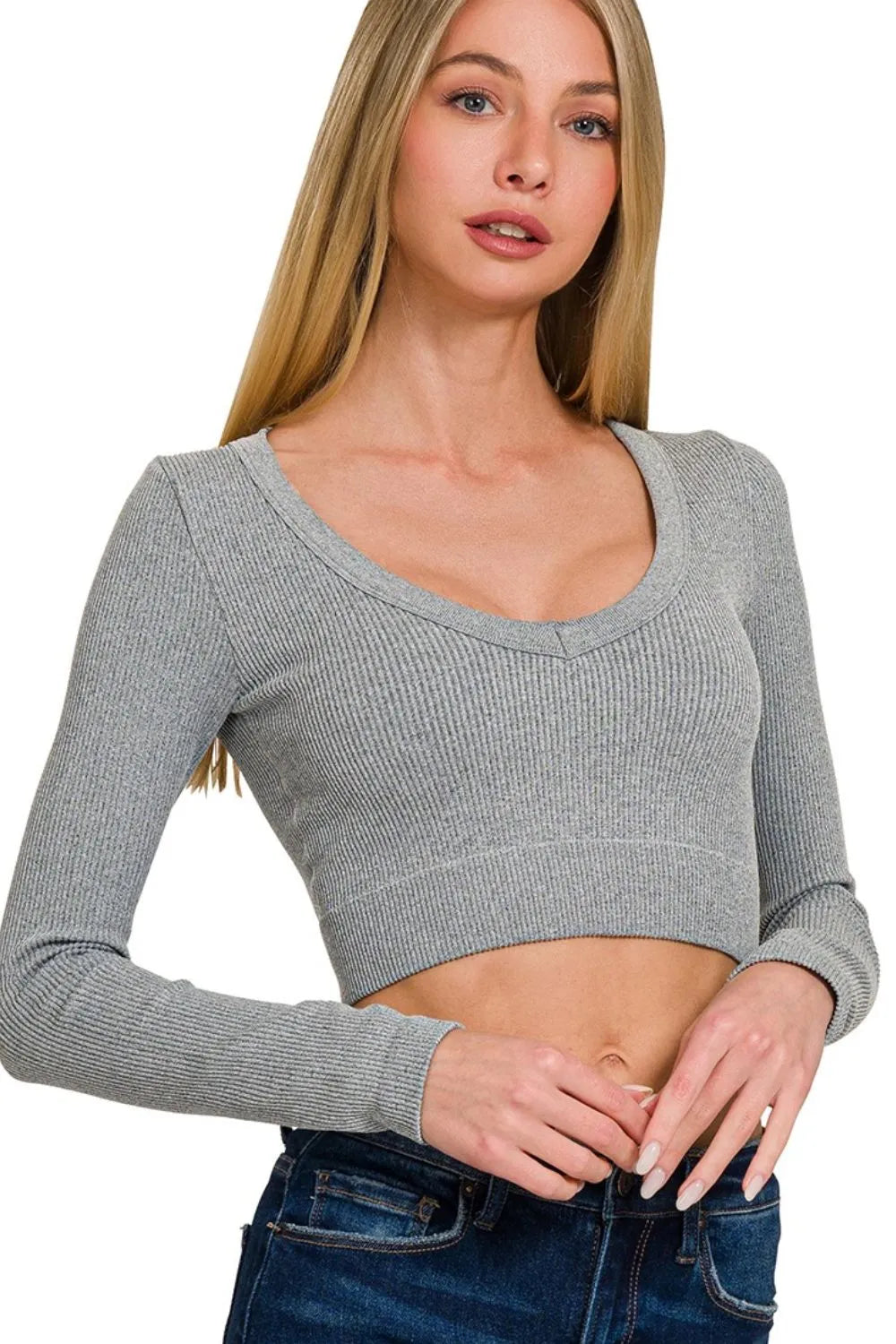 Zenana Seamless Fitted Rib V-neck Long Sleeve Crop Top 3cf269b6-b09a-4607-ae8c-eea4983c2317-Max-Origin