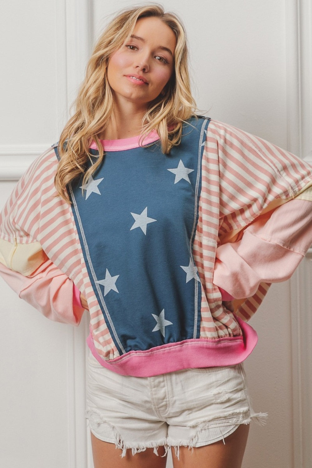 BiBi Stars and Stripes Round Neck Long Sleeve Top BiBi Stars and Stripes Round Neck Long Sleeve Top - TopFashionHQ