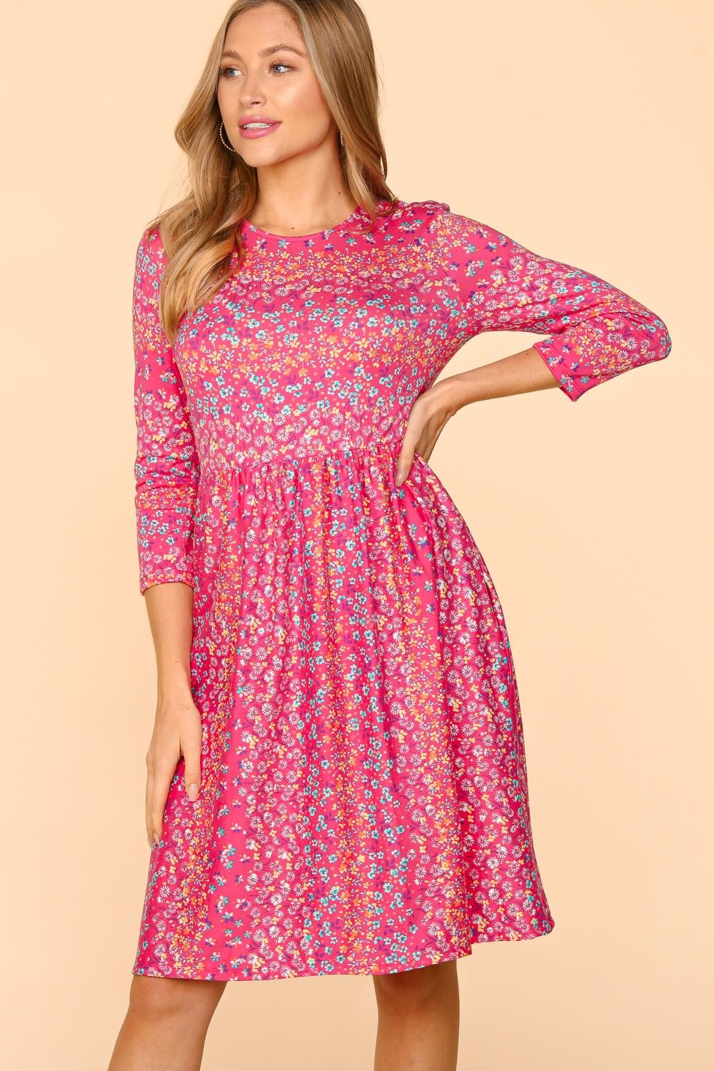 Haptics Round Neck Floral Dress with Pockets Haptics Round Neck Floral Dress with Pockets - TopFashionHQ