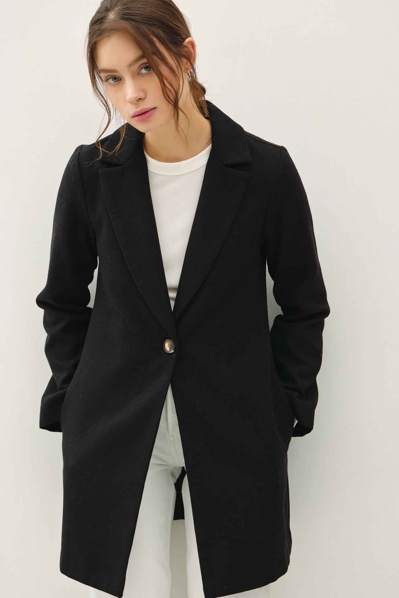 Be Cool Single Button Long Sleeve Coat with Pockets Be Cool Single Button Long Sleeve Coat with Pockets