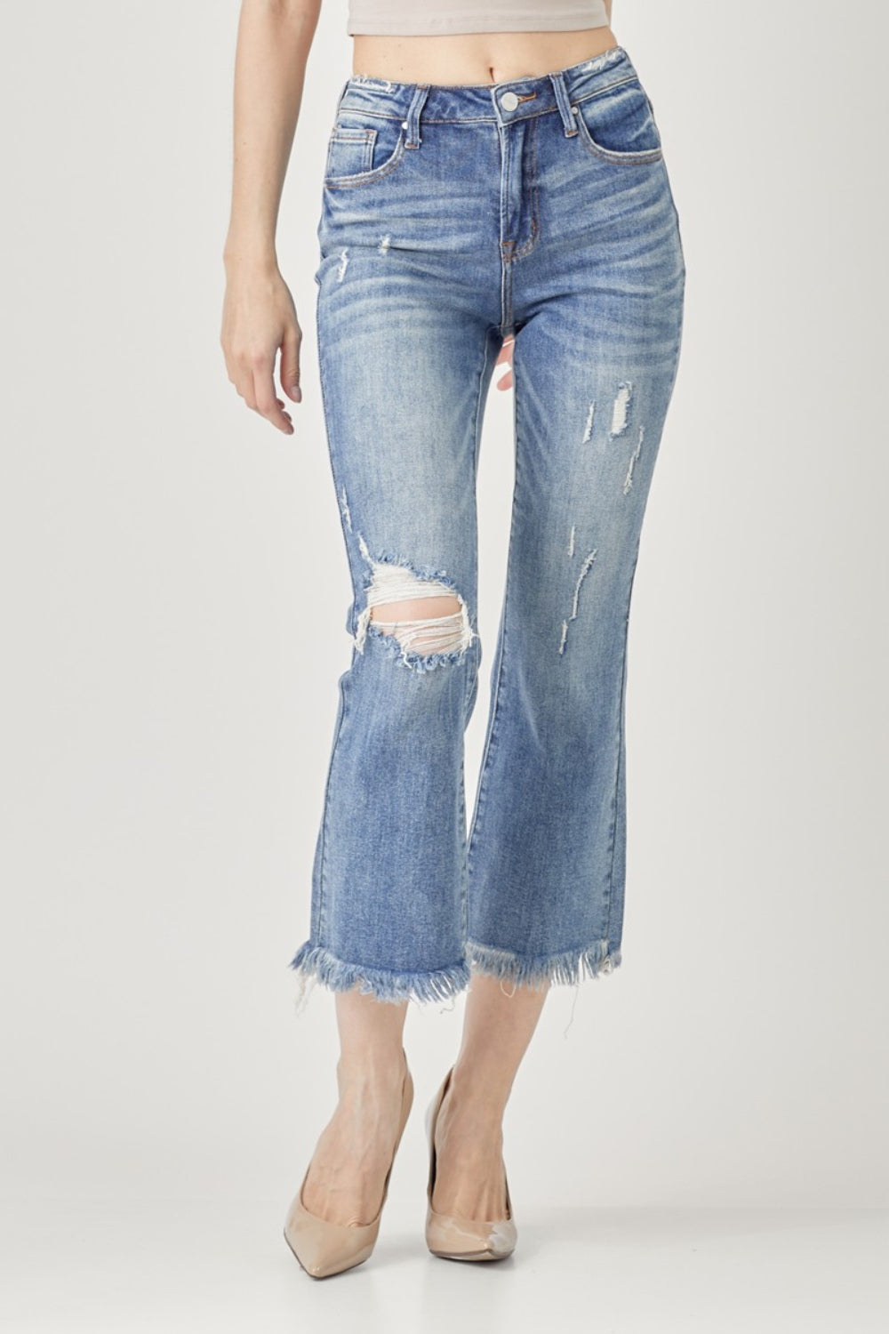 RISEN High Waist Distressed Cropped Bootcut Jeans RISEN High Waist Distressed Cropped Bootcut Jeans - TopFashionHQ