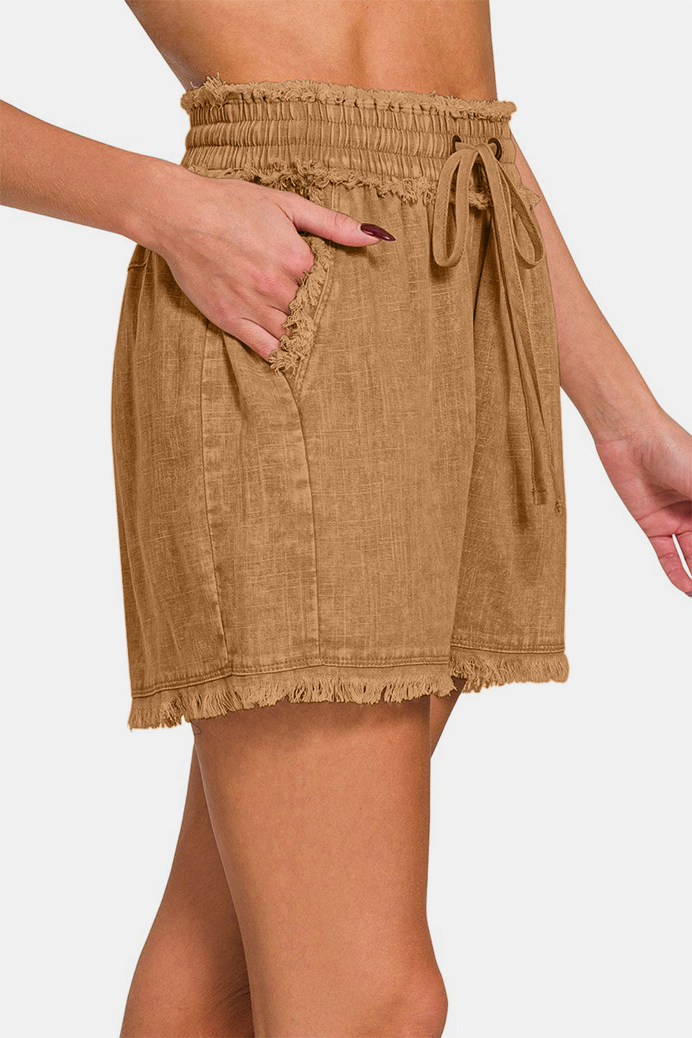 Zenana Washed Linen Frayed Hem Drawstring Shorts Zenana Washed Linen Frayed Hem Drawstring Shorts