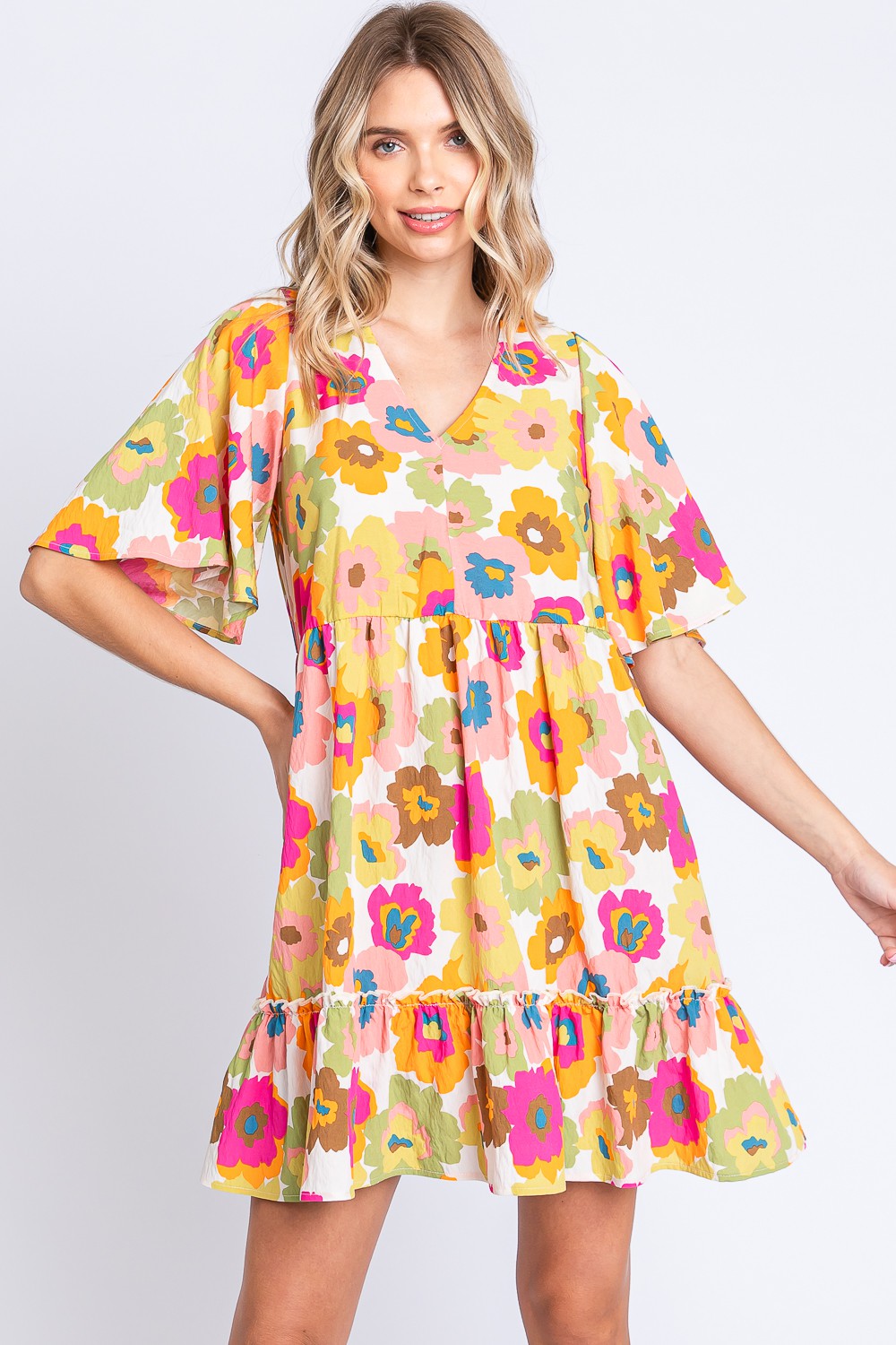 GeeGee Full Size Floral V-Neck Ruffle Trim Mini Dress GeeGee Full Size Floral V-Neck Ruffle Trim Mini Dress - TopFashionHQ