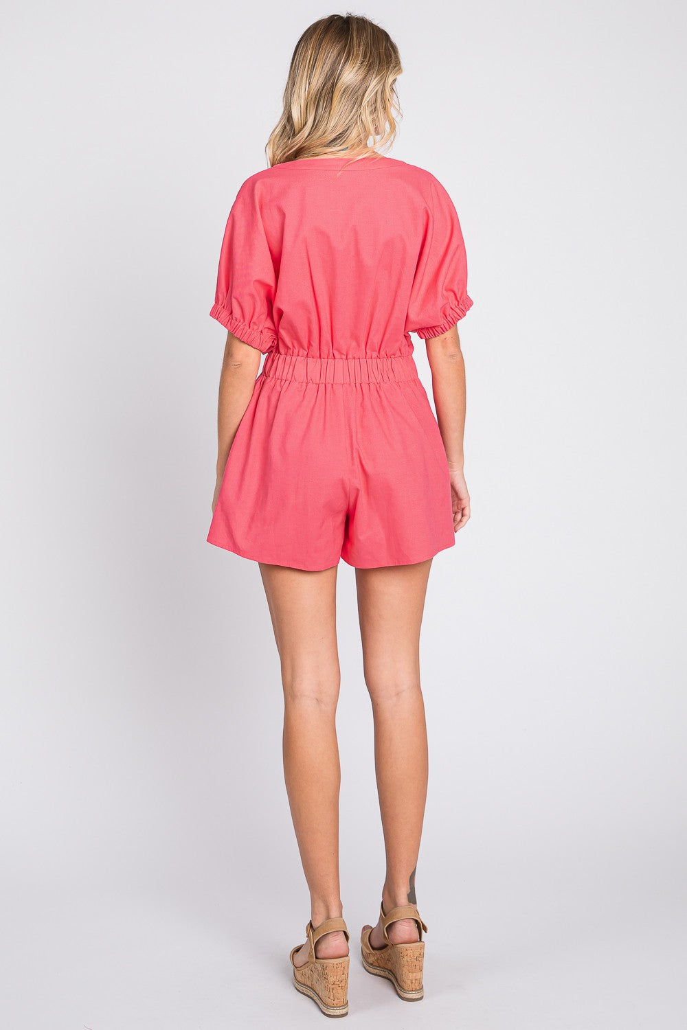 GeeGee Half Button V-Neck Linen Romper GeeGee Half Button V-Neck Linen Romper - TopFashionHQ