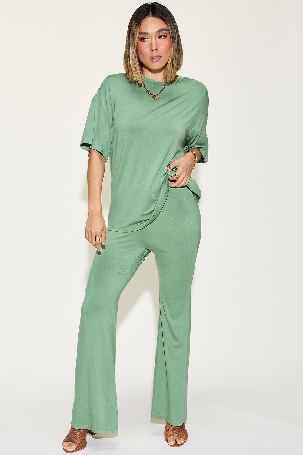 Basic Bae Full Size Bamboo Drop Shoulder T-Shirt and Flare Pants Set Basic Bae Full Size Bamboo Drop Shoulder T-Shirt and Flare Pants Set