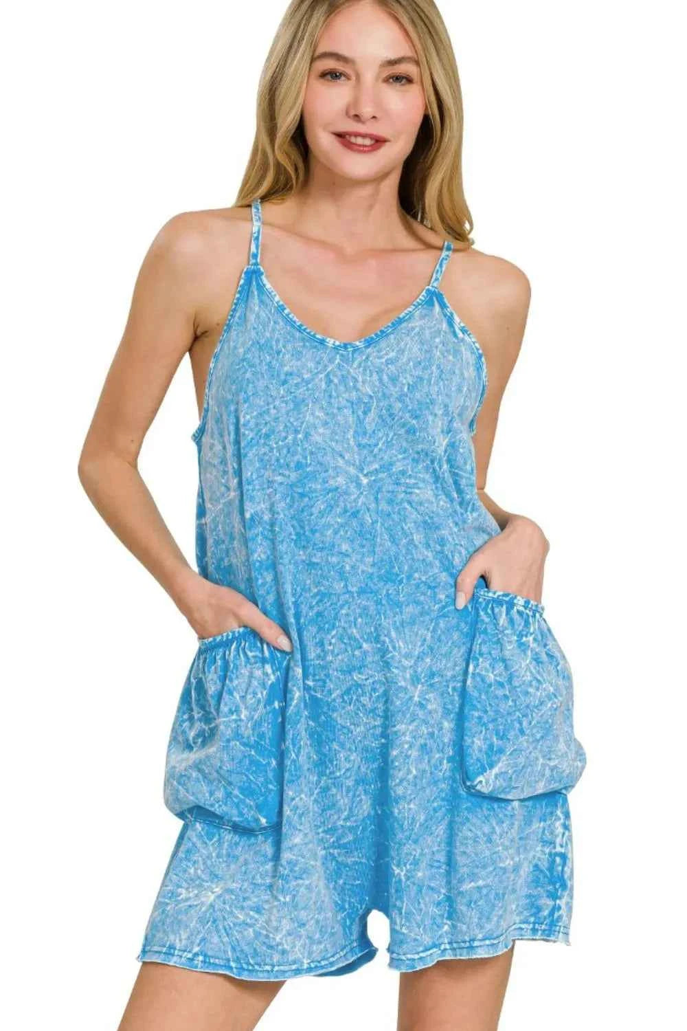 Zenana Acid Crinkle Washed Spaghetti Strap Romper Zenana Acid Crinkle Washed Spaghetti Strap Romper