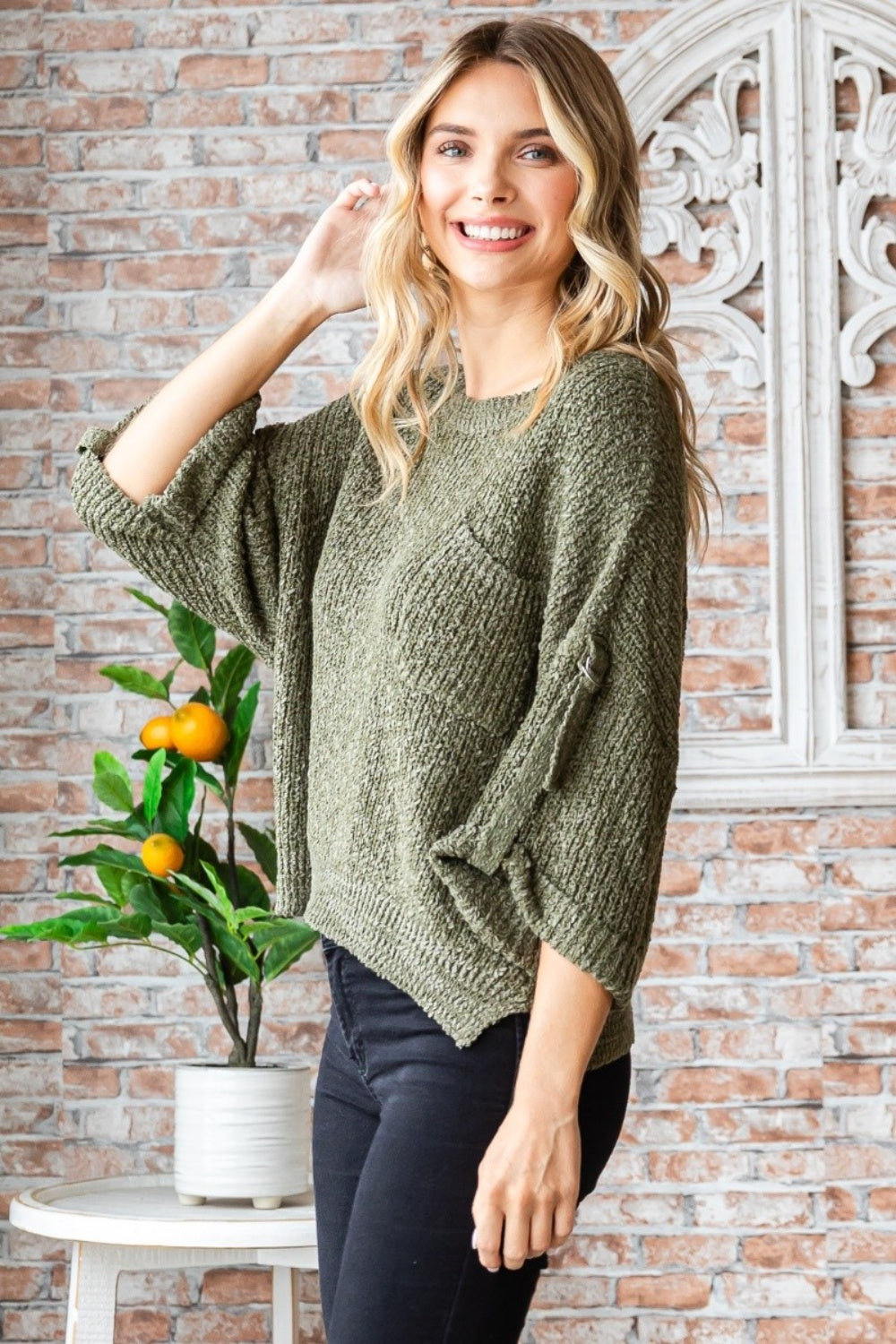 Veveret Round Neck Roll-Up Sweater Veveret Round Neck Roll-Up Sweater - TopFashionHQ