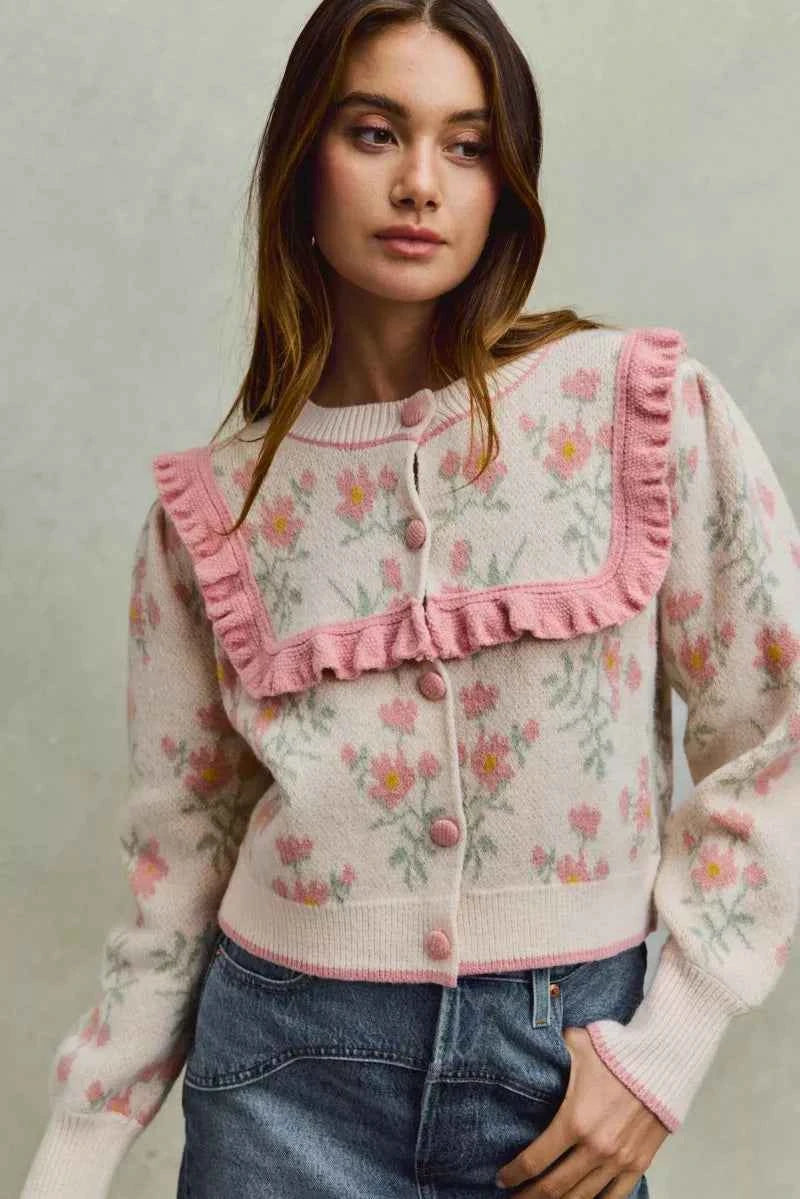 SO ME Flower With Ruffle Detailing Sweater Cardigan SO ME Flower With Ruffle Detailing Sweater Cardigan