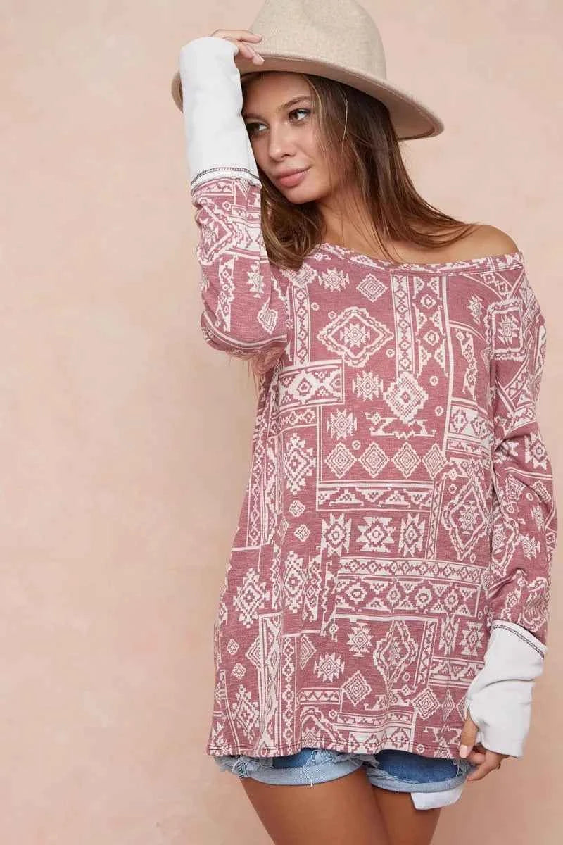 BiBi Aztec Print French Terry Top with Thumb Opening BiBi Aztec Print French Terry Top with Thumb Opening