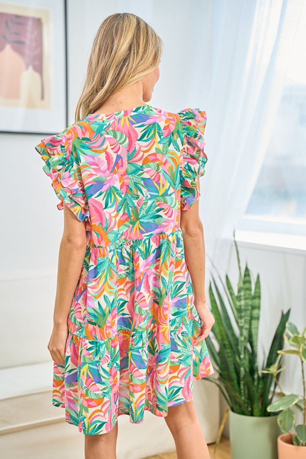 First Love Ruffled Printed Notched Cap Sleeve Dress First Love Ruffled Printed Notched Cap Sleeve Dress - TopFashionHQ