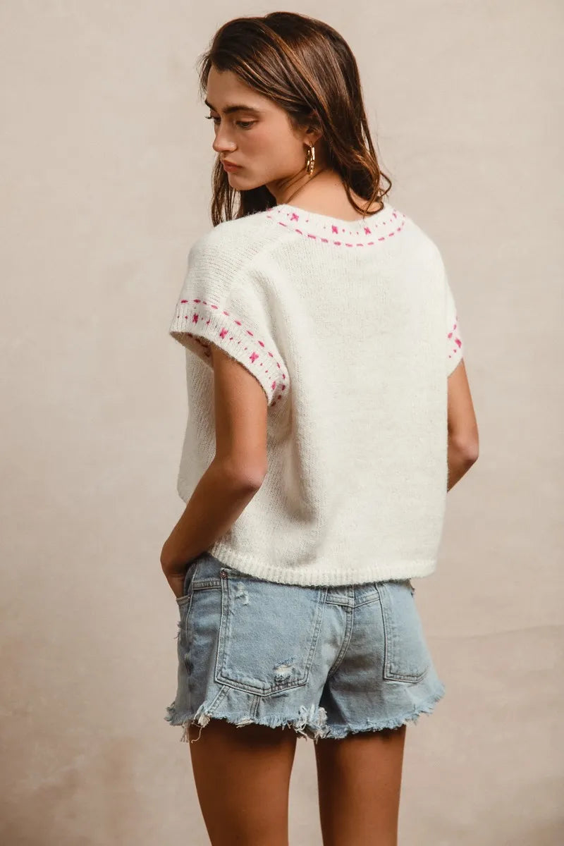 BiBi Knit Solid Contrast Stitch Detail Short Sleeves Sweater 3e052ef13ad14bcfbde376426cfe1c58-Max-Origin