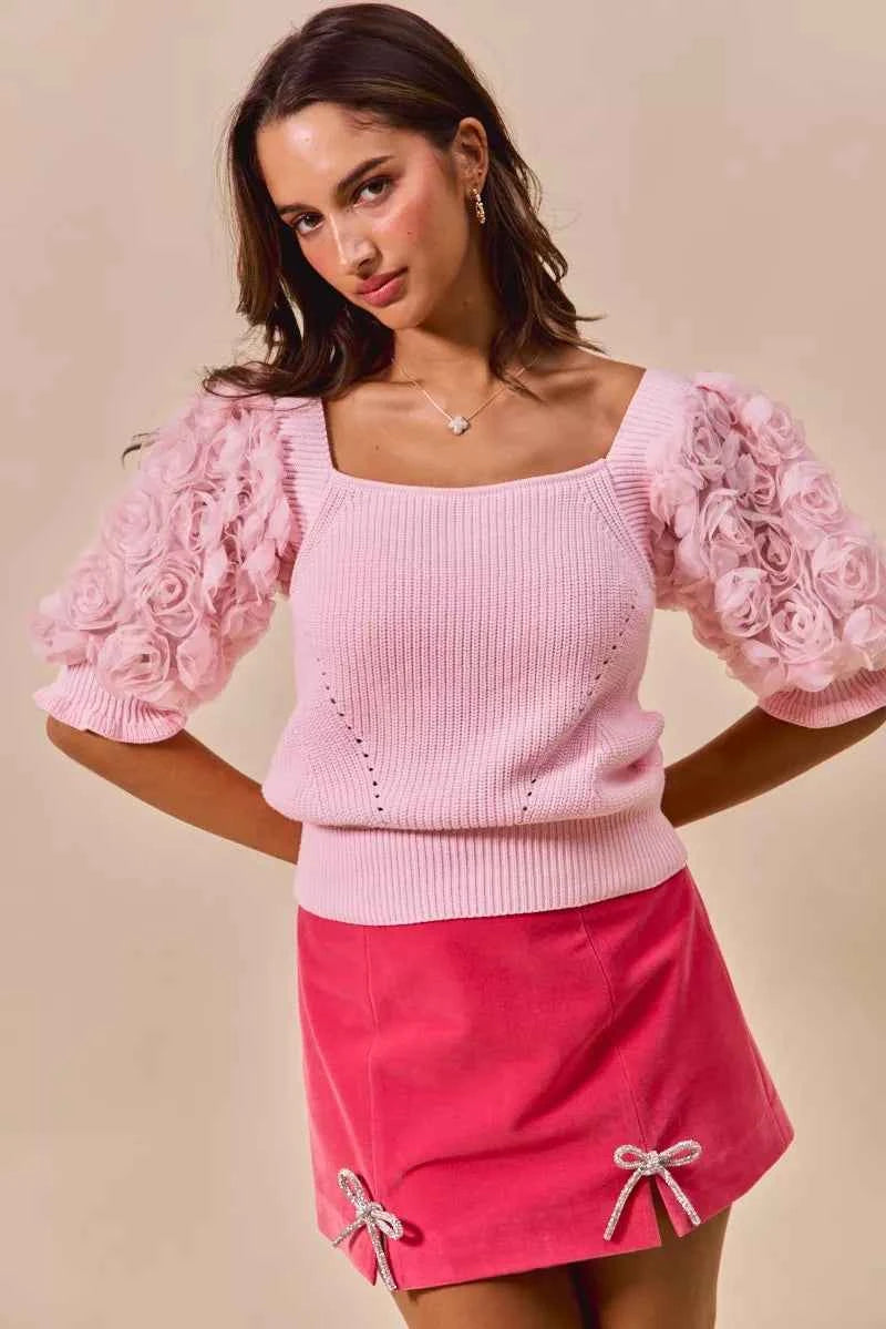 SO ME Rosette Sleeves Square Neck Sweater Knit Top SO ME Rosette Sleeves Square Neck Sweater Knit Top